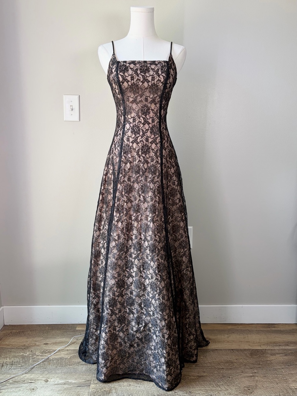 Vintage City Triangles Black Lace Overlay Nude Lace Up Gown Romantic 90s Prom - Picture 2 of 13